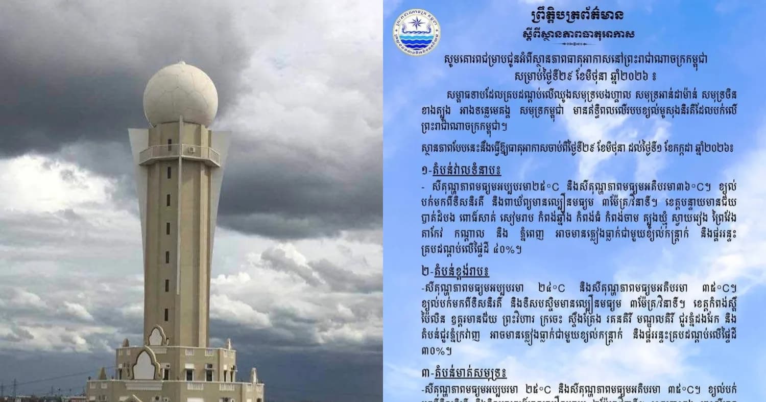 ស្ថានភាពធាតុអាកាសនៅព្រះរាជាណាចក្រកម្ពុជា សម្រាប់ថ្ងៃទី២៩ ខែមិថុនា ឆ្នាំ២០២៦